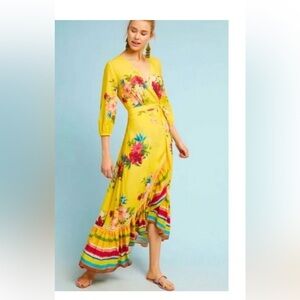FARM Rio Sunlit Floral Maxi Surplice V Neck Ruffle Hem Wrap Dress Yellow XS